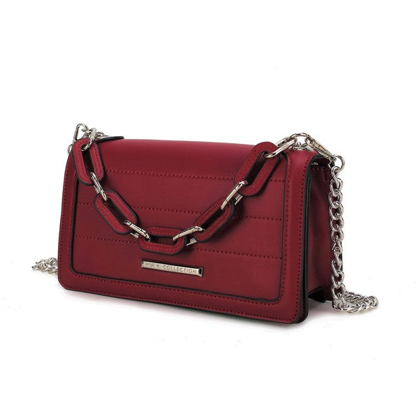Wine red Dora crossbody bag with flap front, chain strap, and front logo plaque