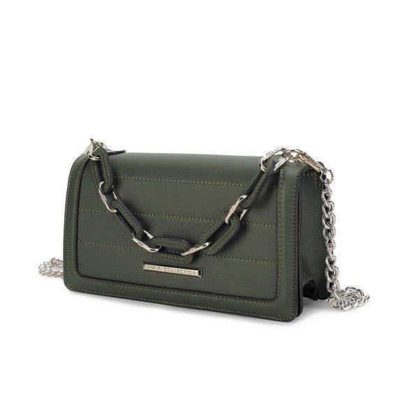 Olive green Dora crossbody bag with flap, chain strap, and front logo plaque