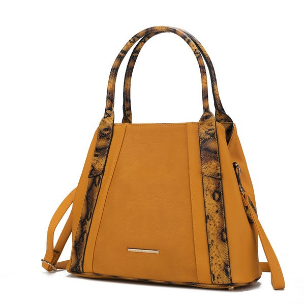 Mustard tote bag with snake-embossed trim, top handles, and front bar detail.