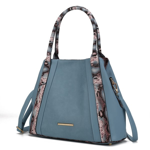 Light blue tote bag with snake-embossed side panels, top handles, and front bar clasp.
