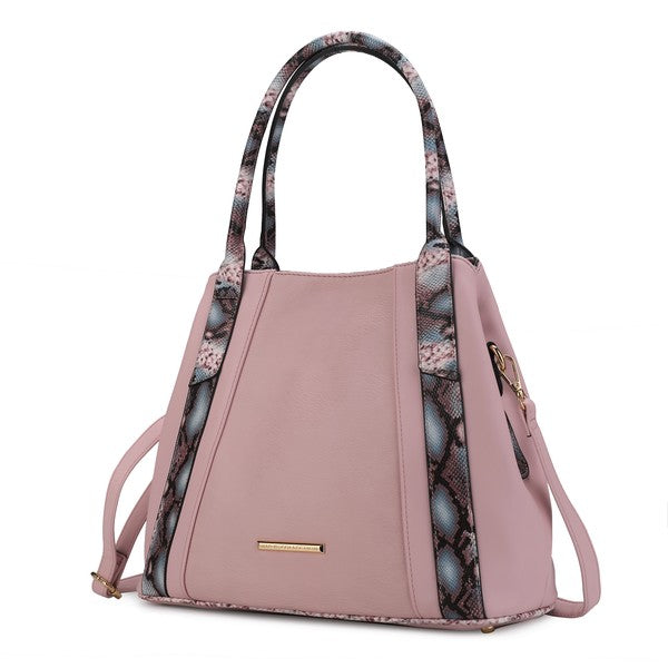 Pink tote bag with snake-embossed side panels, top handles, and front bar clasp.