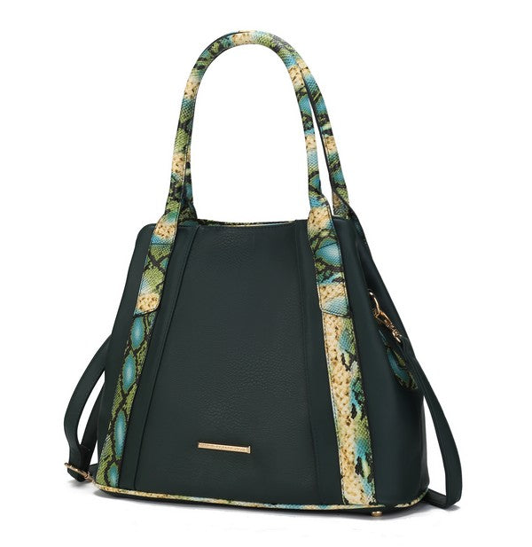 Dark green tote bag with snake-embossed side panels, top handles, and front bar detail.