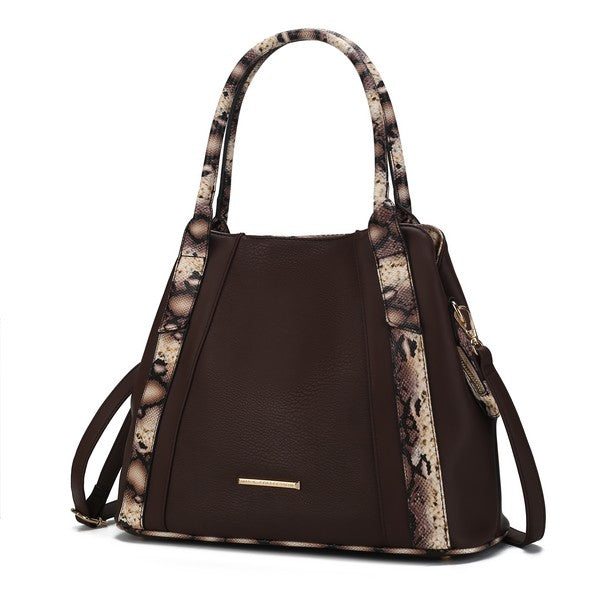 Brown tote bag with snake-embossed vertical panels, top handles, and front bar clasp.