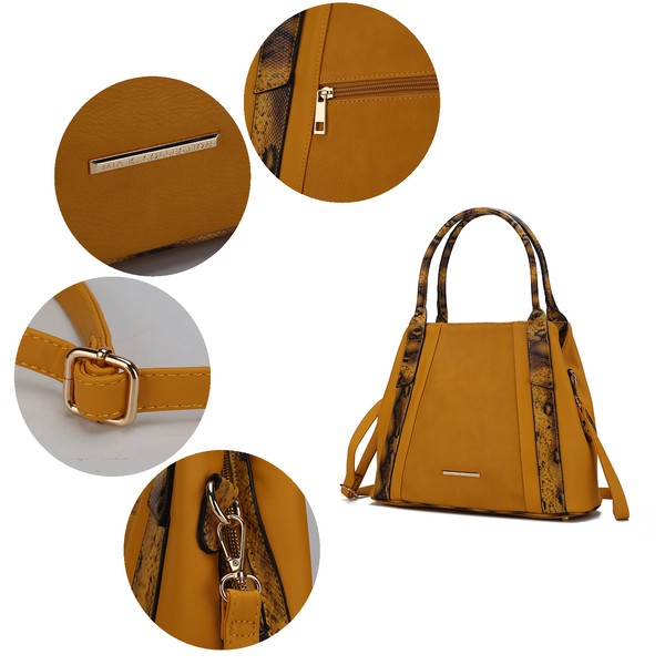 Mustard tote bag with snake-embossed side panels, gold zipper, and shoulder strap