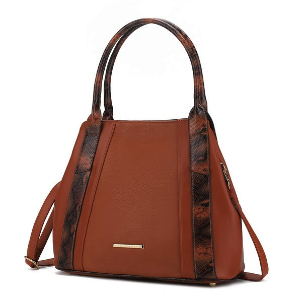 Cognac tote bag with snake-embossed side panels, top handles, and front bar detail.
