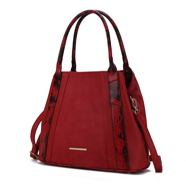 Red snake-embossed tote bag with structured top handles and front pocket