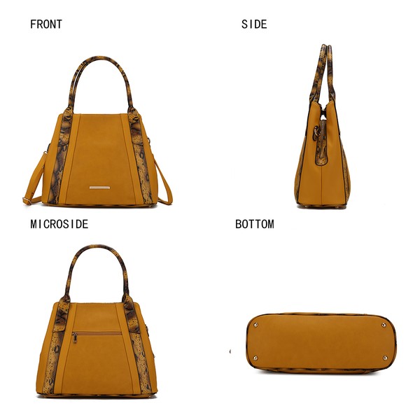 Mustard MKF Kenna snake-embossed tote bag: front, side, bottom, and micro-side view