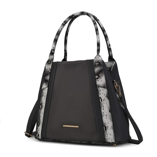 Charcoal tote bag with snake-embossed side panels, top handles, and front bar detail.