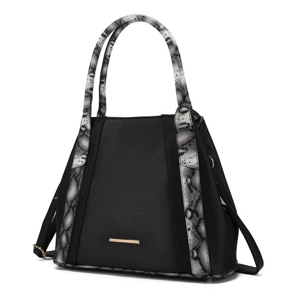 Black tote bag with snake-embossed side panels, top handles, and front bar detail.