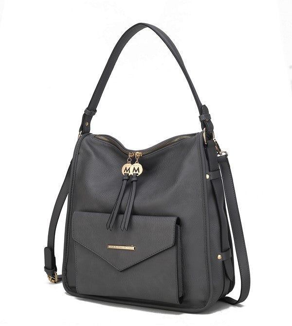 Graue Schultertasche mit Reißverschluss, Quastenband vorn und unterem Vorderfach