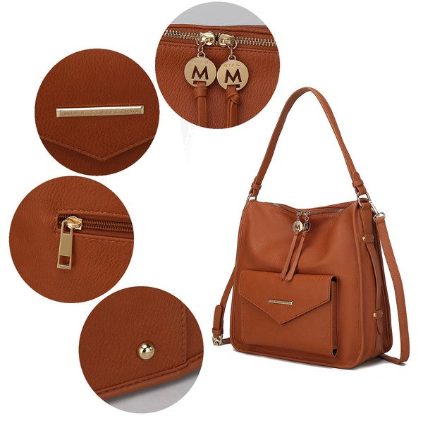 Cognacbraune MKF Vanya Schultertasche Details: Reißverschluss, Riegel und Knoten-Logo