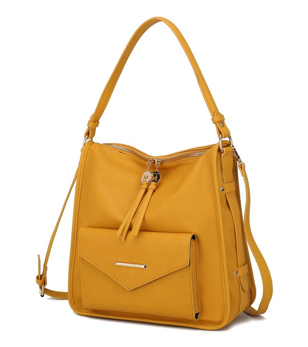 Senfgelbe Schultertasche mit Reißverschluss, Quastenband und Umschlag-Vorderfach