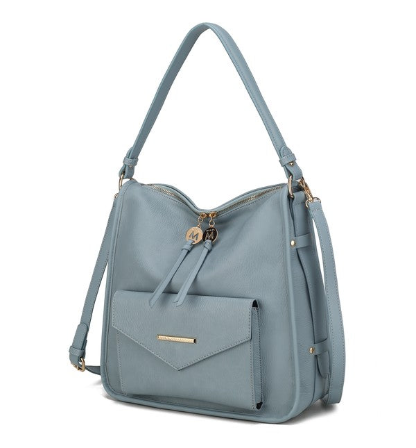 Hellblaue Schultertasche mit Reißverschluss und Umschlag-Vorderfach mit Metallriegel