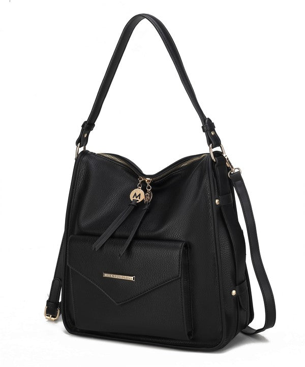Schwarze Schultertasche mit Reißverschluss, vorderem Stepp-Verschluss und Schulterriemen