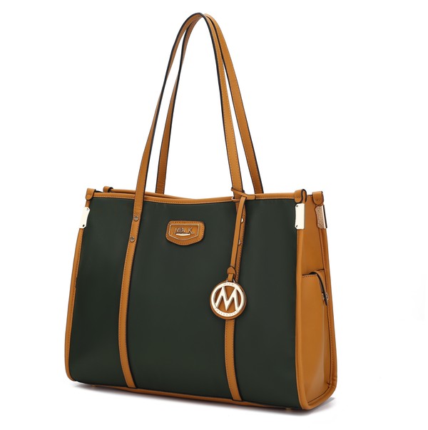 Oversize tote in olive green with tan trim, long handles, and circular M charm