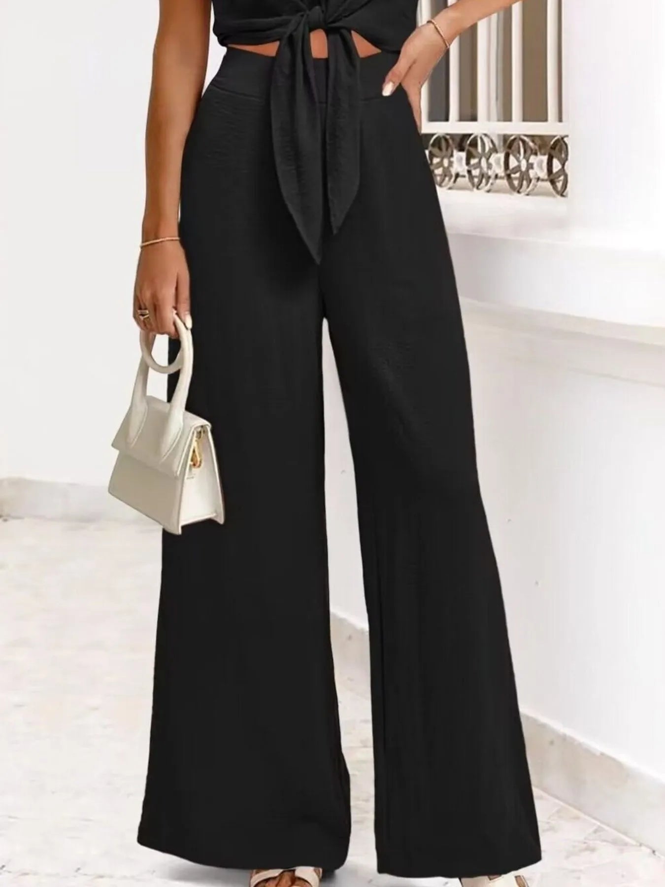 Tie Front Top and Wide Leg Pants Set - Tigbul's Variety Fashion Shop