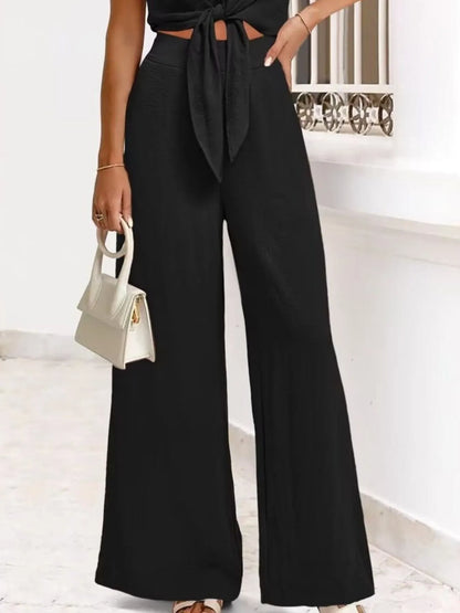 Tie Front Top and Wide Leg Pants Set - Tigbul's Variety Fashion Shop