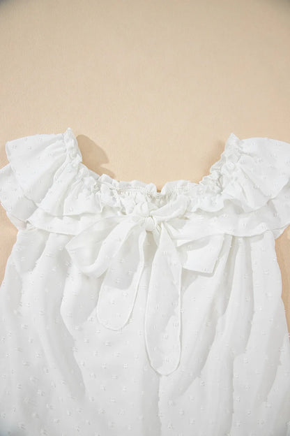 Off Shoulder Ruffle Knotted Detail Swiss Dot Blouse - Tigbul's Variety Fashion Shop