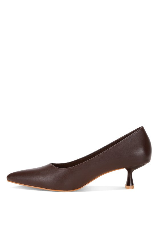 Brown pointed-toe pump heel with curved topline and slim stiletto heel