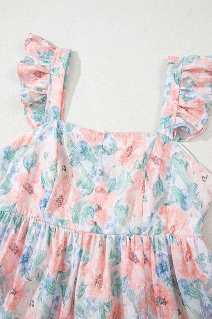 Pink Floral Colorblock Flutter Straps Flowy Dress - Tigbul's Variety Fashion Shop
