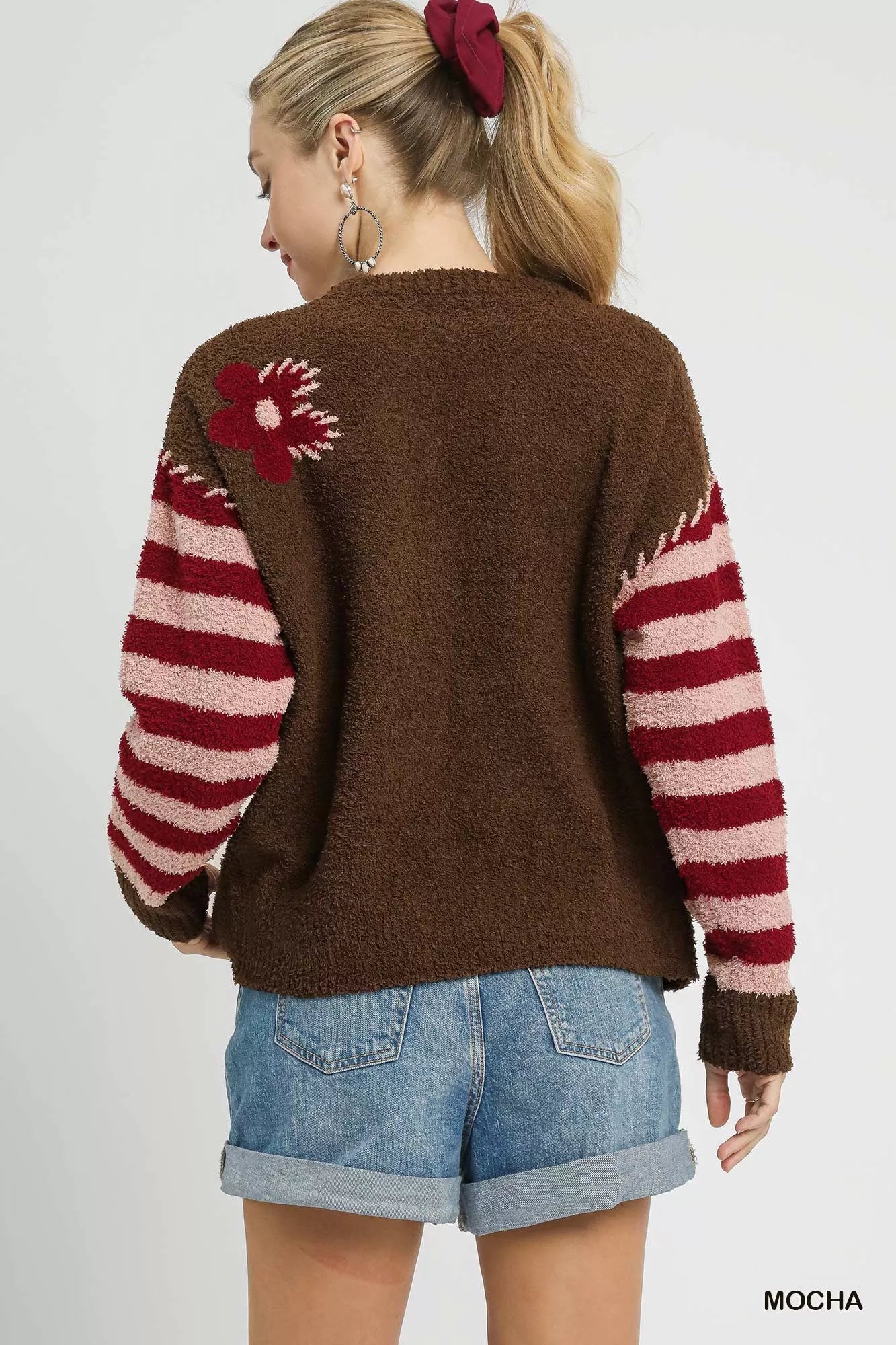 Umgee Flower Jacquard Striped Long Sleeve Sweater - Tigbul's Variety Fashion Shop