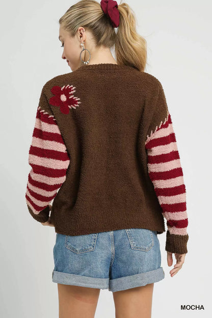 Umgee Flower Jacquard Striped Long Sleeve Sweater - Tigbul's Variety Fashion Shop