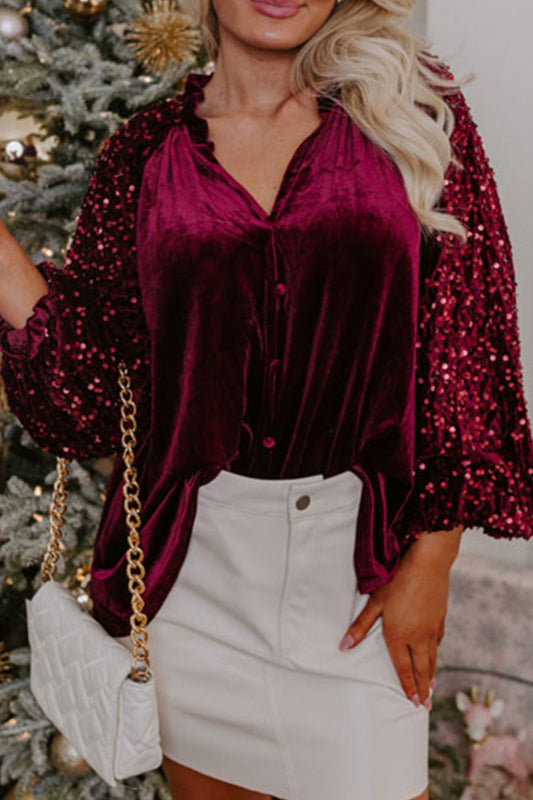 Sequin Notched Long Sleeve Blouse - Tigbul's Variety Fashion Shop