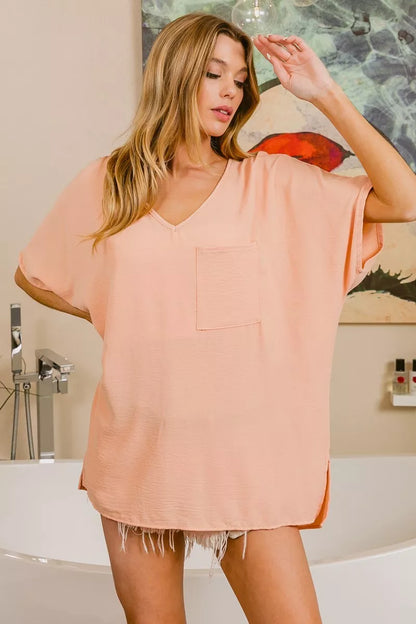 BiBi Woven V Neck Hi-low Boxy Top With Front Pocket - Tigbul's Variety Fashion Shop