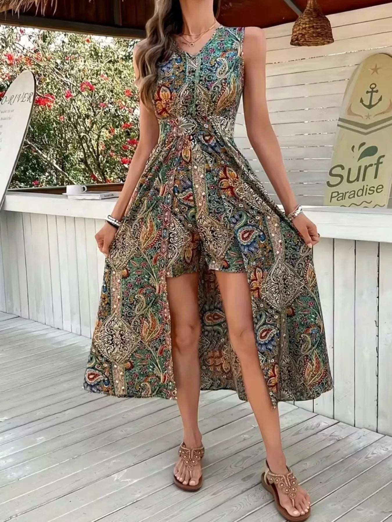 Multicolor paisley sleeveless romper with long top, scoop neck and flowy skirt