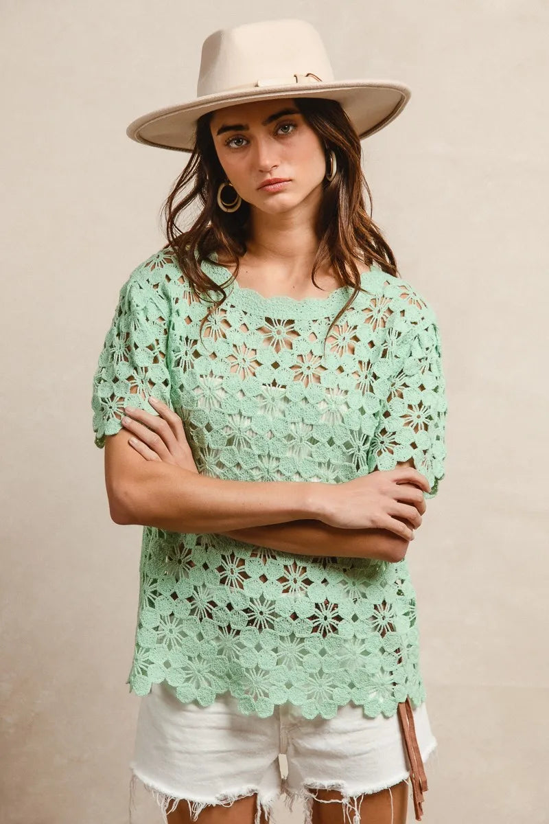BiBi Openwork Crochet Short Sleeve Knit Top - Tigbul's Variety Fashion Shop