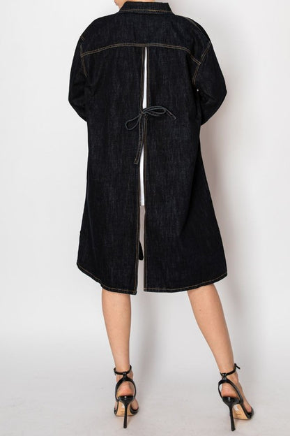 BACK TIE SLIT DENIM JACKET DARK WASH - Tigbul's Variety Fashion Shop