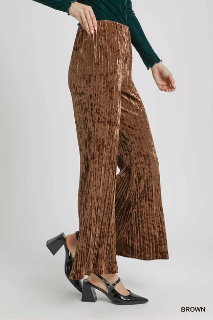 Umgee Velvet Pleated Wide Leg Pants - Tigbul's Variety Fashion Shop