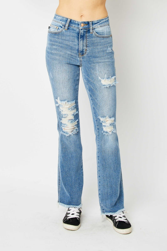 Judy Blue Full Size Distressed Raw Hem Bootcut Jeans - Tigbuls Variety Fashion
