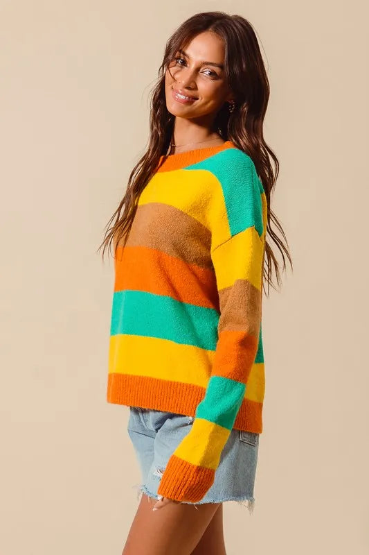 SO ME Multi Color Stripe Sweater with Ribbed Detail - Tigbul's Variety Fashion Shop