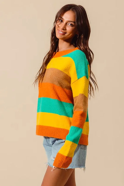 SO ME Multi Color Stripe Sweater with Ribbed Detail - Tigbul's Variety Fashion Shop