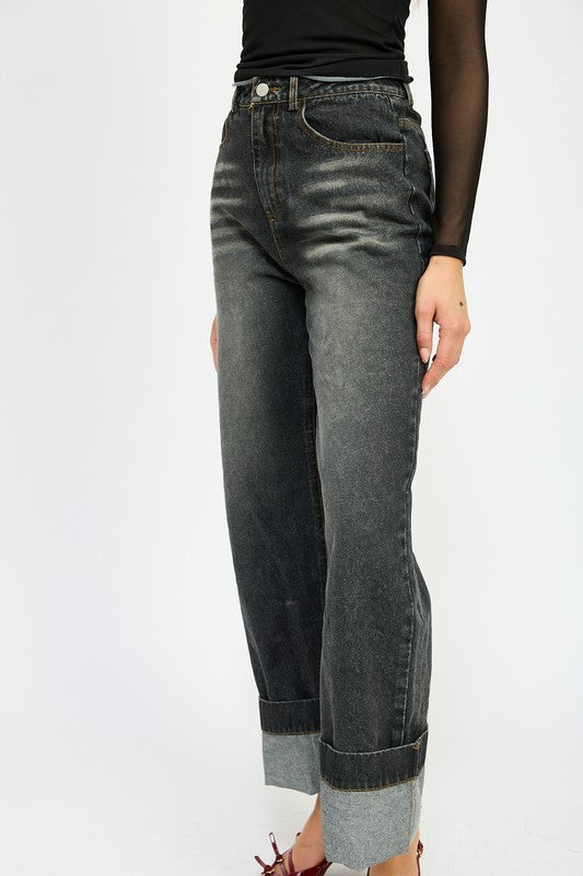 WASHED DENIM PANTS WITH FOLD OVER DETAIL - Tigbul's Variety Fashion Shop