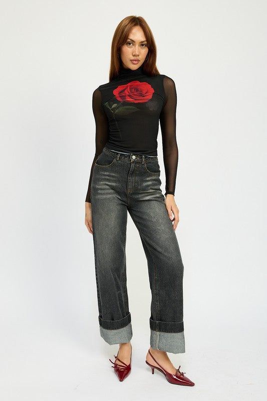 WASHED DENIM PANTS WITH FOLD OVER DETAIL - Tigbul's Variety Fashion Shop