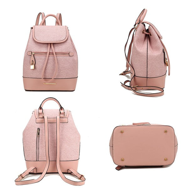 Porsha Rucksack-Set: rosa Vorderansicht, Rückansicht mit Trägern, Seitenansicht und Unterseite