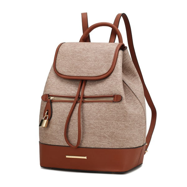 Porsha Rucksack, hellbeige meliert mit braunem Unterteil, Frontklappe und Kordelzug