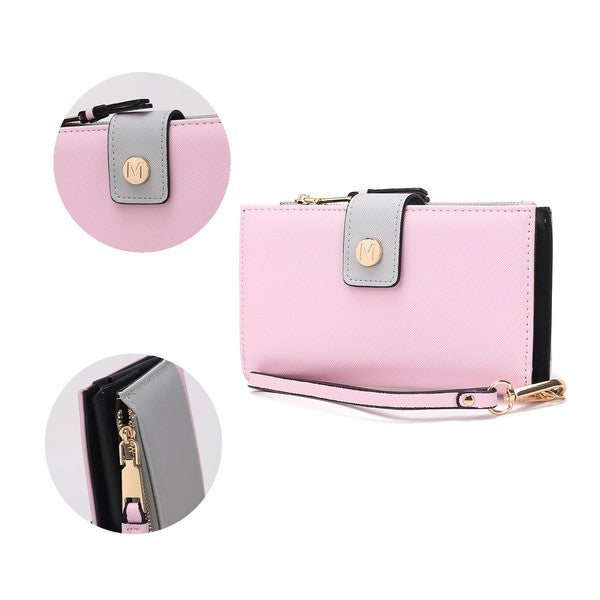 Pink-grey Solene wristlet wallet; close-up shows front tab and zipper hardware details