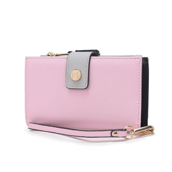 Solene vegan leather wristlet wallet in pink with light-gray front tab and gold wrist strap