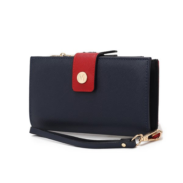 Solene vegan leather wristlet wallet in navy with red front tab and gold wrist strap