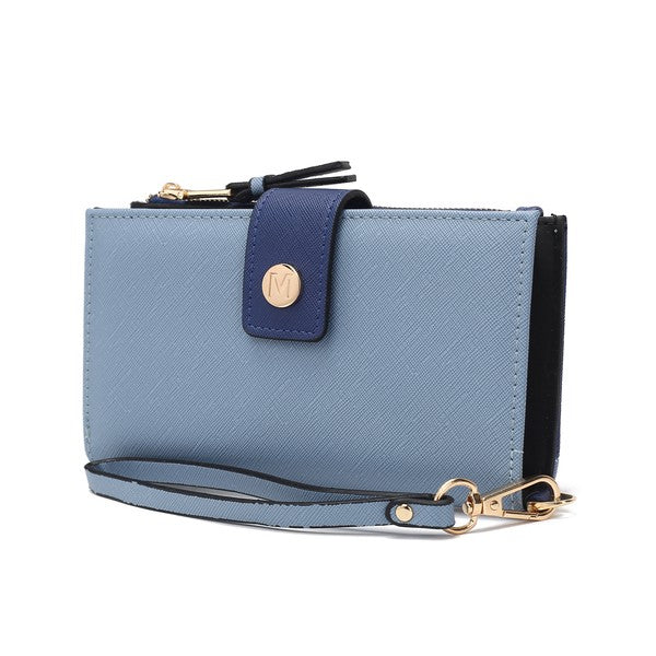 Solene vegan leather wristlet wallet in light blue with navy front tab and wrist strap