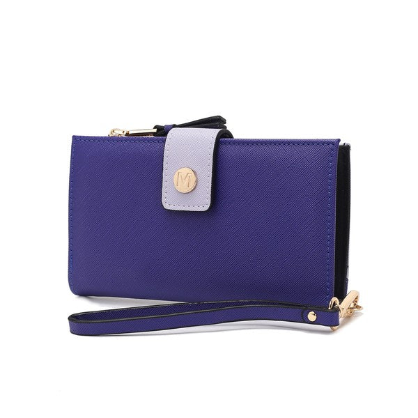 Solene vegan leather wristlet wallet in purple with light-gray front flap and wrist strap