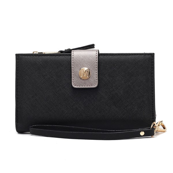 Solene vegan leather wristlet wallet in black with silver-toned flap and wrist strap