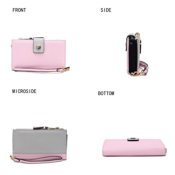 Rosa veganes Kunstleder Wristlet-Wallet mit Kartenfach und goldfarbener Verschlussklappe