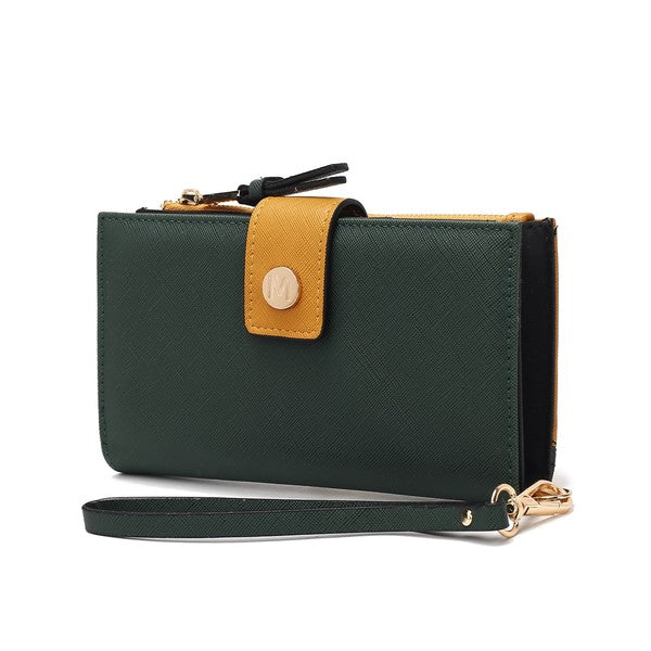 Solene vegan leather wristlet wallet in olive-green with mustard front tab and wrist strap