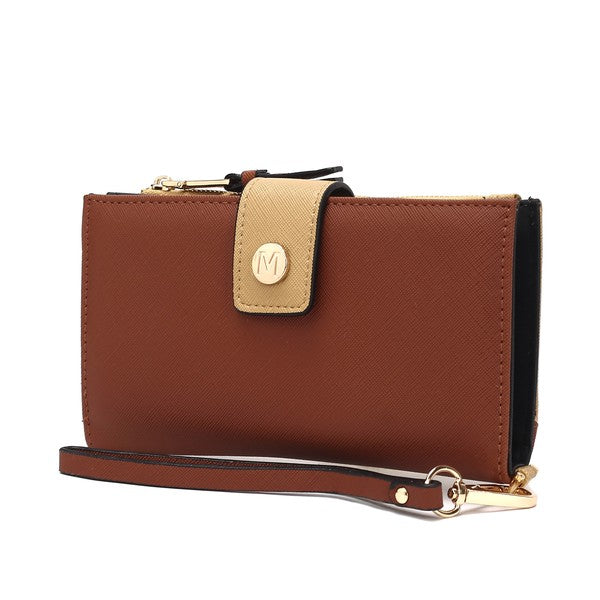 Solene vegan leather wristlet wallet in coffee-taupe with tan front tab and wrist strap