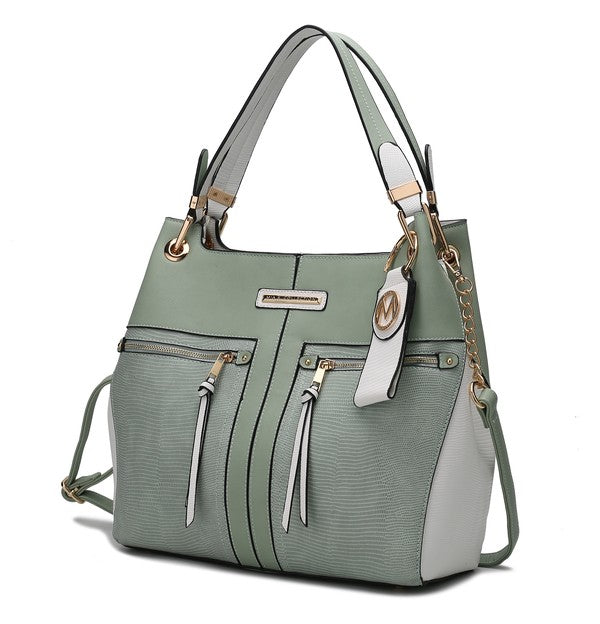 Light green Sofia tote with keyring, structured silhouette, front zip pockets and straps