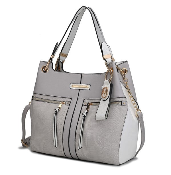 Light grey Sofia tote with keyring, double front zips, tassel pulls, chain shoulder strap